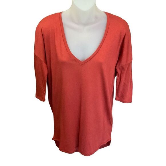 Express Tunic Blouse V Neck High Low Burnt Orange Short Sleeves Size Small - Picture 1 of 8